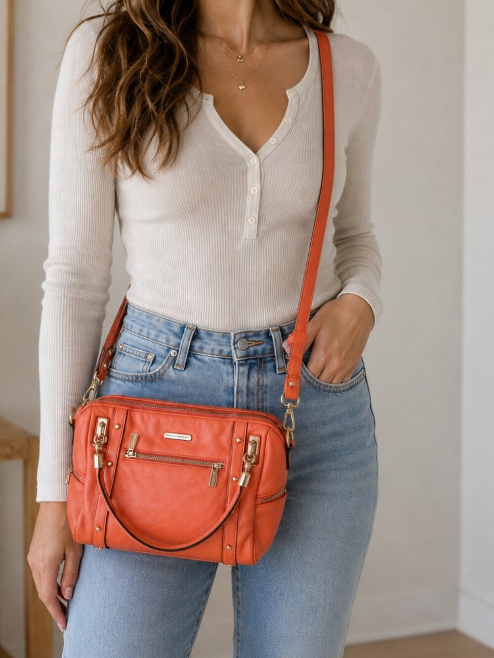 Rebecca Minkoff Leather Cupid Satchel Crossbody Orange And Gold